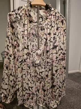 H&M Floral Sheer Tie-Neck Blouse in Pink, Black and Cream